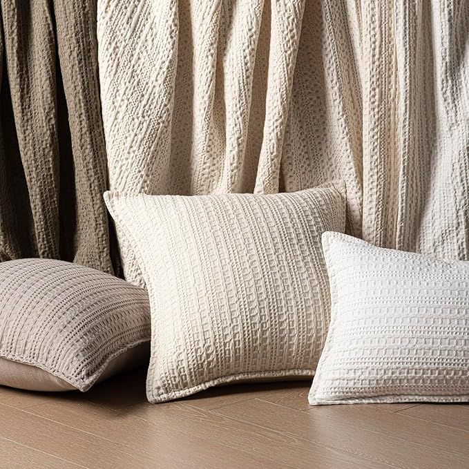 Foindtower Set of 2 Decorative Cotton Waffle Weave Lumbar Throw Pillow Covers Euro Shams Cushion Covers Accent European Pillowcase For Bed Couch Bedroom Living Room Home Decor 12×20 Inch Natural Beige