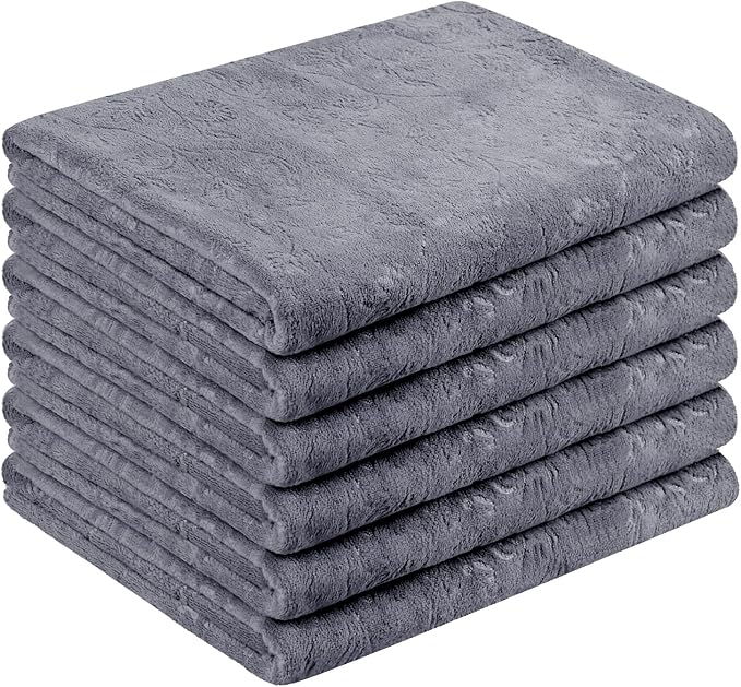 JML Large Microfiber Bath Towels Set of 6, 30" x 60", Soft,Super Absorption, Quick-Drying Perfect for Shower, Sauna, Yoga, Gym, Beach, Pool, Sport - Grey Floral Pattern