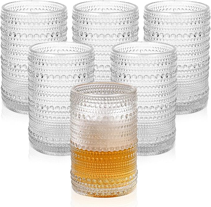 ZMOWIPDL Vintage Glassware Drinking Glasses Set of 6,15 oz Hobnail Glass Cups,Embossed Clear Water Tumbler,for Beer,Cocktail,Whiskey,Juice and Various Mixed Drinks- 1 Cleaning Brush