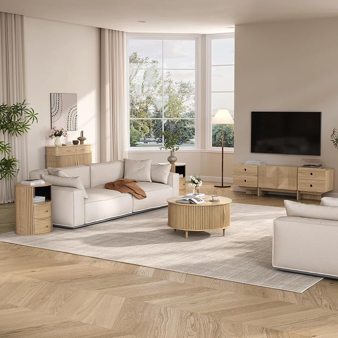 JOINICE 31.5" Round Coffee Table with Storage for Living Room, Natural Oak | Hidden Storage,Fluted Sliding Door,Boho Center Table for Small Apartments,Solid Wood Legs,Easy Assembly,Up to 110 lbs