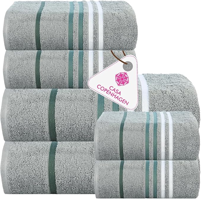 CASA COPENHAGEN Exotic 6Pcs 100% Egyptian Cotton Large Designer Towels Gift Set- Charcoal Grey, 550GSM, 2Bath 2Hand 2Washcloths, Bath Towels for Bathroom (Box Pack, Gift Set for Women & Men)