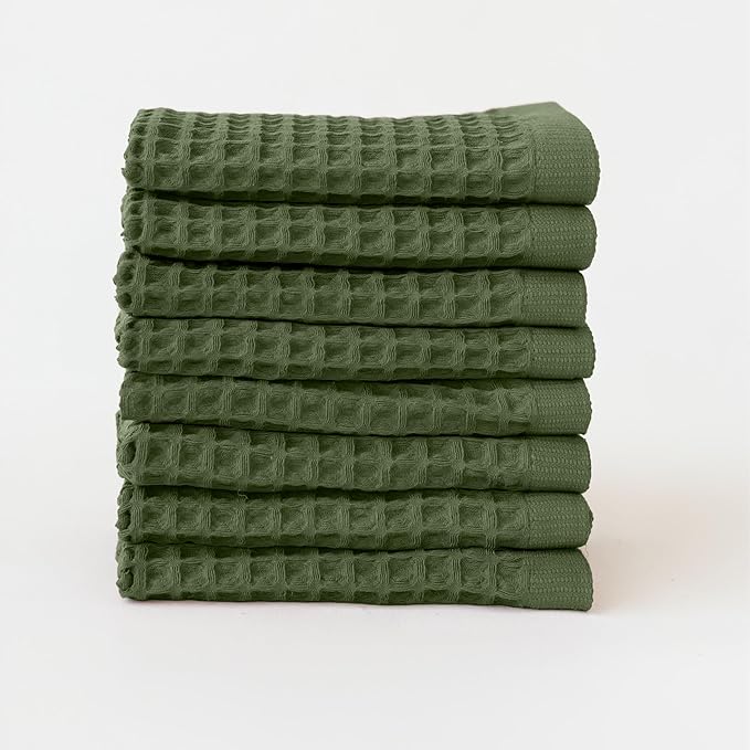 Waffle Washcloths Set of 8 Green - Premium Quality 100% Turkish Cotton Face Washcloth, Soft Makeup Towel, Shower Cloth, Kitchen Towel (Dark Green, Set of 8 Washcloths)