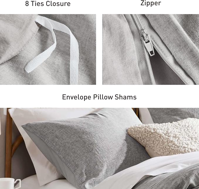 Hyde Lane Linen Duvet Cover Set King Size, 3Pcs Textured French Flax Linen Cotton Blend Bedding Set, Natural and Organic, Soft and Breathable, with 2 Pillow Shams, 104"x90", Grey