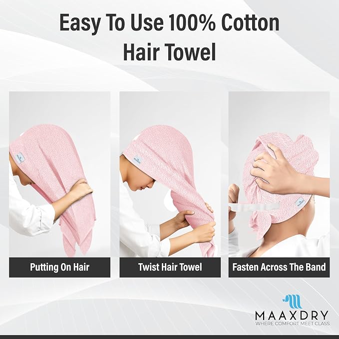 100% Cotton Large Hair Towel Wrap for Women, Men & Kids – Non-Microfiber 450 GSM Thick Super Absorbent Hair Towel 26x40 Inches, Secure Elastic Hair Wrap for Long & Curly Hair (Pink)