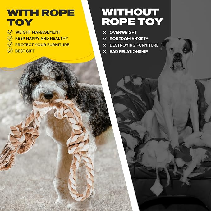PetiFine Dog Rope Toys for Aggressive Chewers - Large, Tough Indestructible Natural Cotton Rope Toy with 3 Big Knots and a Handle for Tug of War