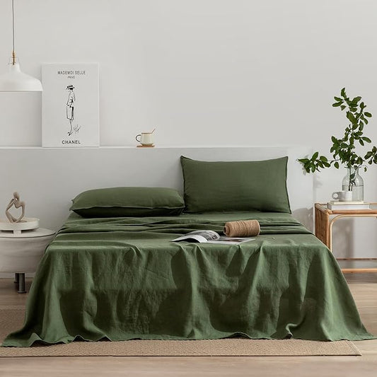EVERLY Linen Sheets Set Full Size,100% French Stonewash Pure Linen Sheets Set,4Pieces (1Flat Sheet,1Fitted Sheet,2Pillowcase) Suitable for Hot Sleepers,Deep Pocket Natural Bedding Set-Mossy Green