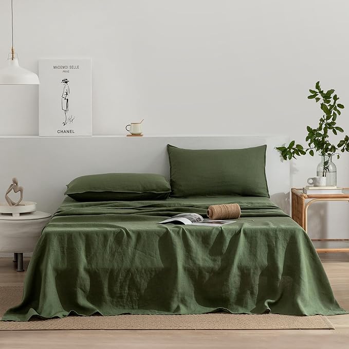 EVERLY Linen Twin Sheets Set, 100% Stonewashed French Linen Bed Sheets Deep Pocket Sheets, 3 Pieces (1 Flat Sheet, 1 Fitted Sheet, 1 Pillowcase) Natural Flax Bedding Set, Mossy Green