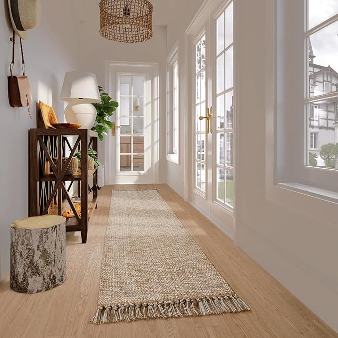 Collive Washable Carpet Runners for Hallway 12ft, Boho Long Rugs for Kitchen Cotton Hand Woven Bedroom Runner Rug Tan/Cream Low Pile Natural Floor Carpet for Indoor Hall Entryway