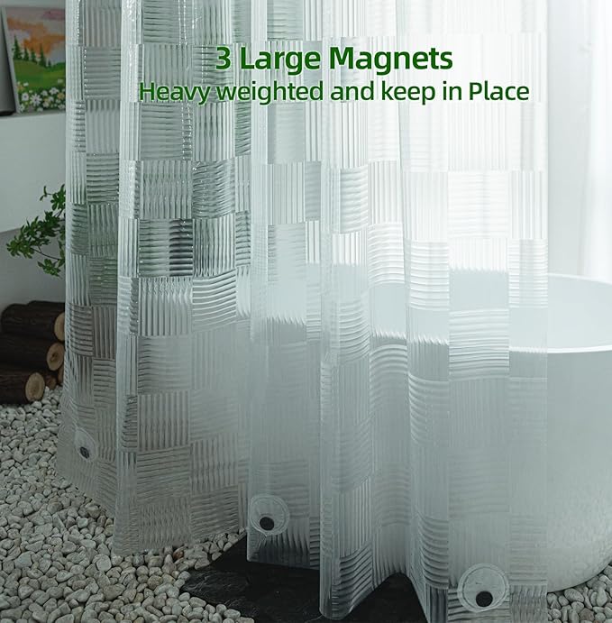 74 Inch Shower Curtain Liner Long with Desigh, EVA Vinyl Heavy Duty Textured Transparent Waterproof 72x74 Shower Curtains for Bathroom with 3 Large Magnets, 3D Geometric, 72 x 74