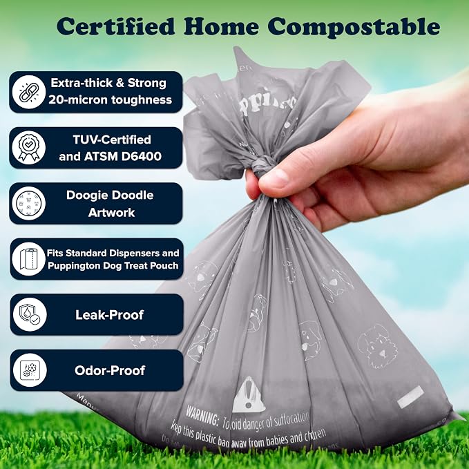 Puppington Certified Home Compostable Poop Bags - ASTM D6400 Compliant - 270 Extra Thick Bags - Plant Based - Pairs with Puppington 3-in-1 Bag & Fits all Standard Poop Bag Dispensers (Charcoal Gray)