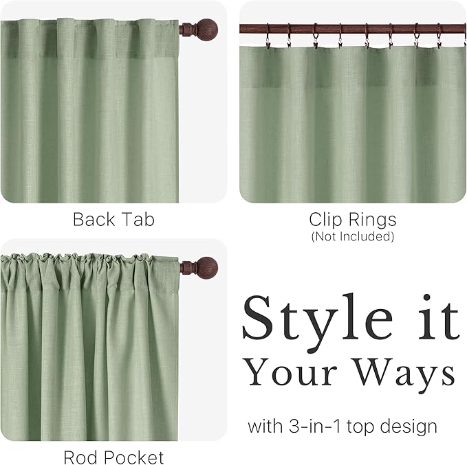 NICETOWN Sage Green Linen Curtains 96 inch Long 2 Panels Set, 55" Wide Thick Flax Linen Blend Organic Home Decor Rod Pocket & Back Tab with Light Filtering for Bedroom/Living Room