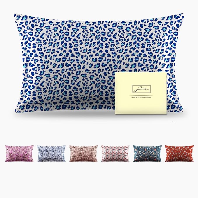 Mulberry Silk Pillowcase for Hair and Skin Queen Size Leopard Print Silk Pillow Cases with Zipper Soft Breathable Smooth Cooling Silk Pillow Covers for Sleeping (Blue Leopard, 20"X 30",1Pcs)