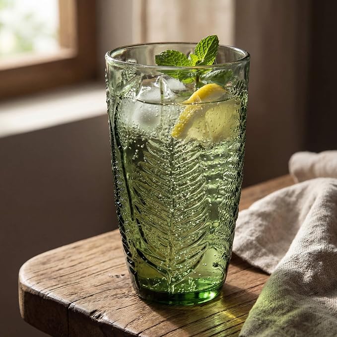 Vintage Green Drinking Glass, 16 oz Hand-Pressed Deep Textured Glass Cup, Fern Embossed Retro Glassware, Decorative Tumbler for Water, Cocktails & Juice, Boho Colored Kitchen Drinkware, Unique Gift