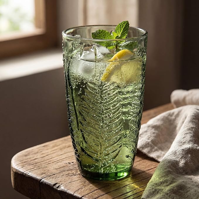 Green Drinking Glasses Set of 4, 16 oz Vintage Hand-Pressed Glass Cups, Fern Textured Highball Tumblers, Antique Style Boho Glassware for Water, Juice, Cocktails & Mocktails, Housewarming Gift Set