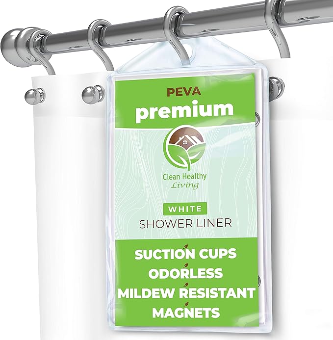 Clean Healthy Living Premium PEVA White Shower Curtain Liner with Magnets & Suction Cups - 70 X 71 in. Long