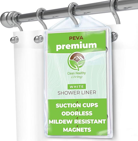 Clean Healthy Living Premium PEVA White Shower Curtain Liner with Magnets & Suction Cups - 70 X 71 in. Long
