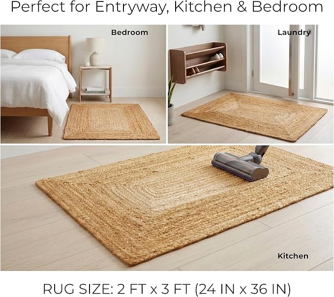 THE BEER VALLEY Jute Braided Rug 2x3 Feet - Natural | Reversible Accent Doormat for Entryway, Kitchen, Nursery - Rustic Coastal Small Front Door Mat for Indoor Use