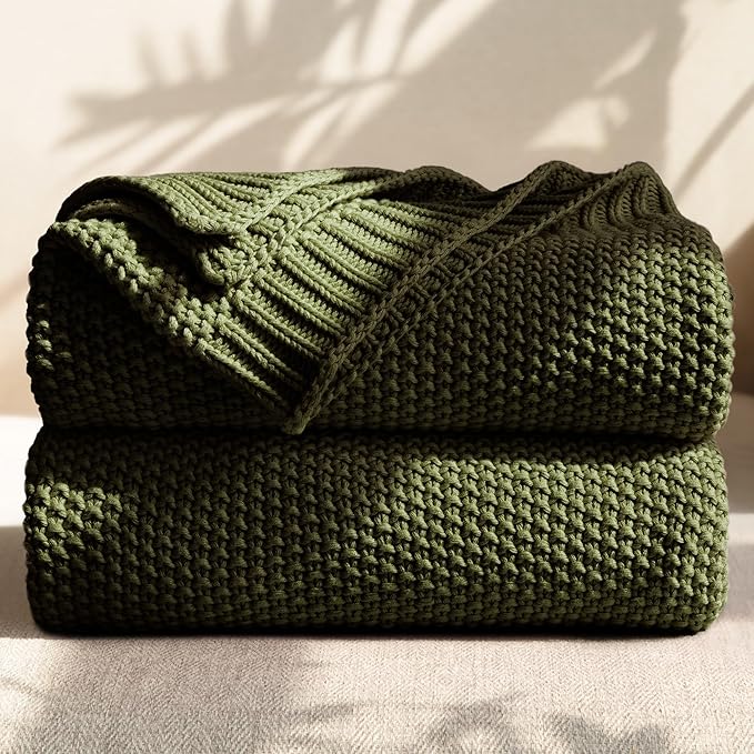 100% Cotton Cable Knit Throw Blanket, Large Lightweight Soft Knit Blanket for Sofa Couch Bed, Breathable All-Season Throw, Cozy Decorative Blanket, 60 x 80 Inch,Olive Green