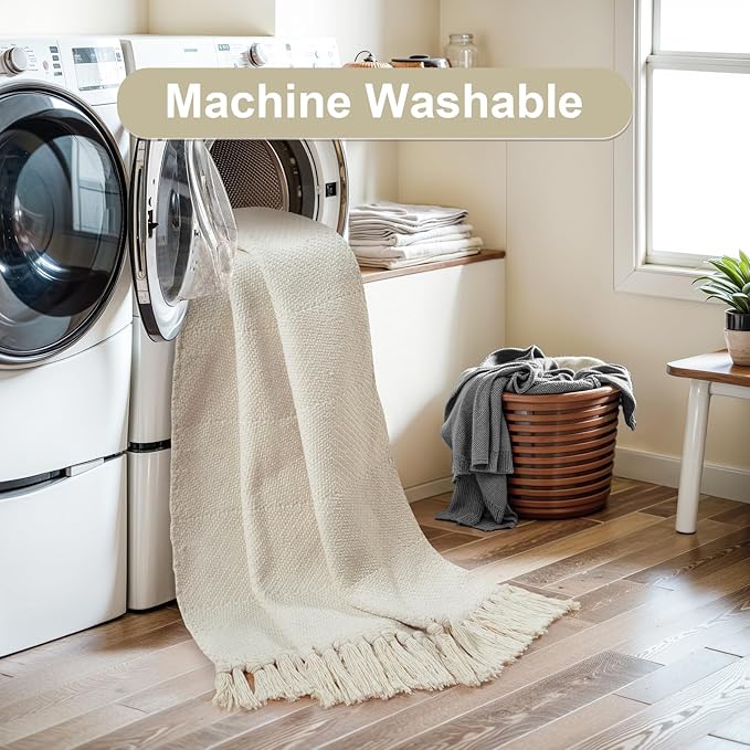 Collive Hallway Runner Rug, 2' x 5' Soft Washable Kitchen Runner Rug, White/Beige Contemporary Modern Laundry Room Rugs Indoor Hand-Woven Cotton Carpet for Bedroom Entryway Front Door Farmhouse