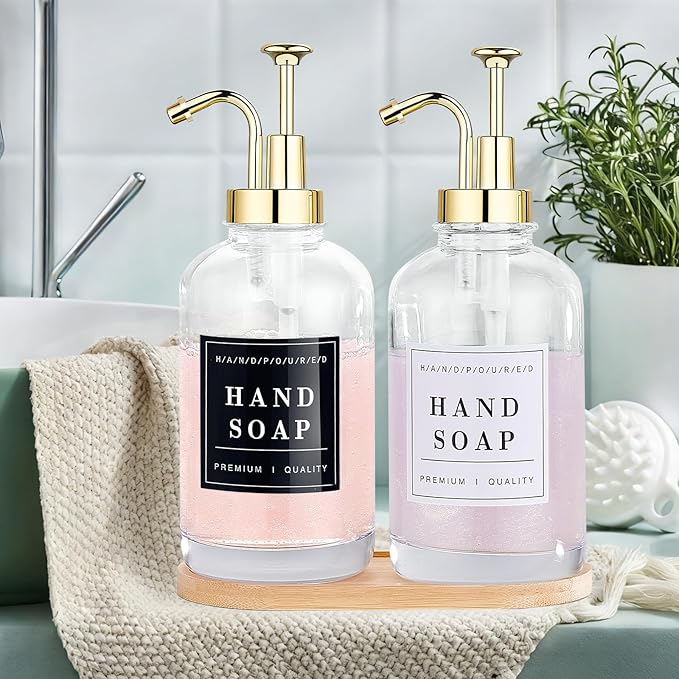 Glass Soap Dispenser with Pump,Tray,Funnel, Countertop Soap and Lotion Dispenser Set of 2 with 60 Stickers, Dish and Hand Soap Dispenser Bottle for Kitchen,Bathroom,Shower,500ml/16.9oz