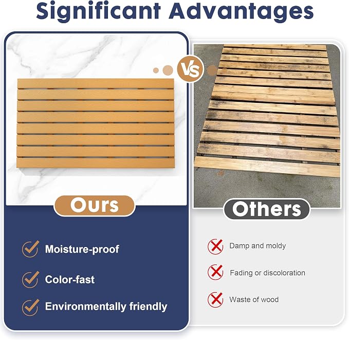 Bamboo-Design Bath Mat, Heavy Duty HDPS Plastic, 31.5"x18", 400lb Support, 100% Waterproof & Fadeproof, Superior to Real Bamboo for Bathroom Shower Spa Sauna Poolside Outdoor (Bamboo Color)