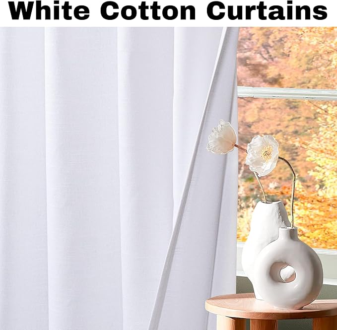 Bedding Craft White Cotton Tab Top Curtains 50x84 Set of 2, 84-Inch White Drapes for Living Room, Washable Curtains, Bedroom Living Room Curtain