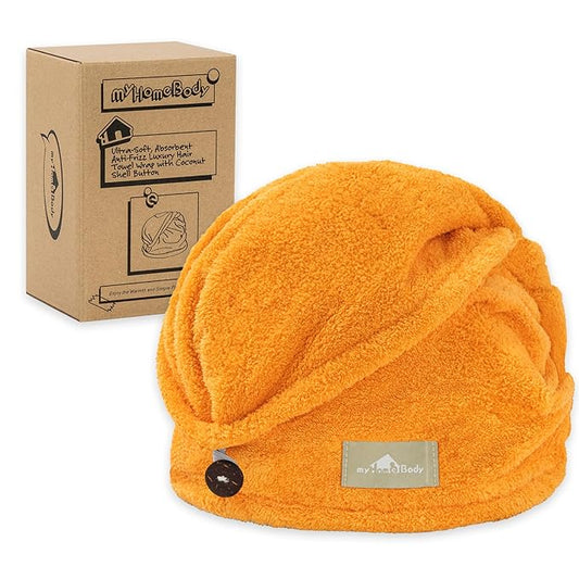 myHomeBody Hair Towel Wrap, Quick Drying Turban, Absorbent Cap – Mango | Hair Turban Towel for wet hair, Ultra Soft Charcoal Fiber Cap, Towel Head Wrap for bathing with Coconut Shell Button