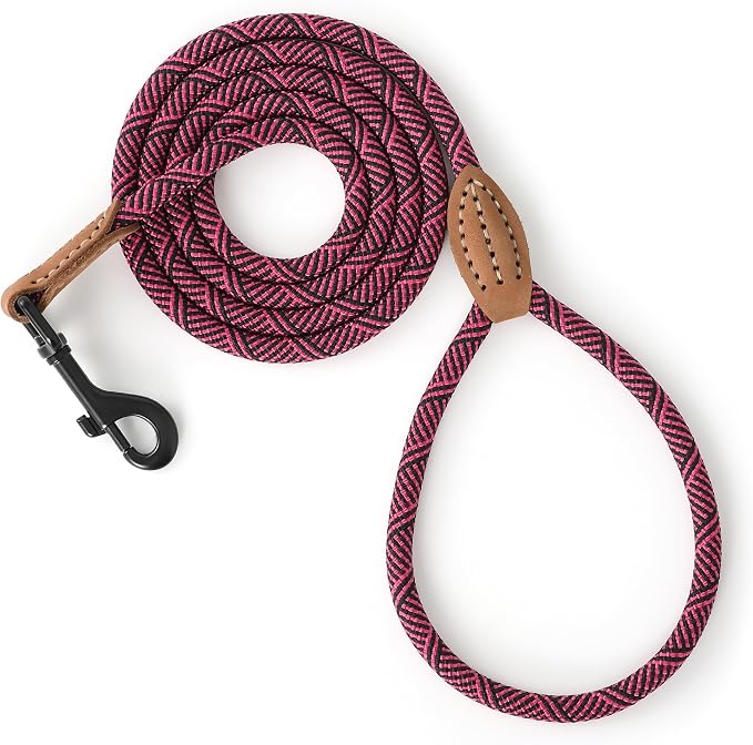Mile High Life Small Dog Leash, Thin Rope Leash with Genuine Leather Connection and Heavy Duty Metal Clasp, Great for Small Medium Dogs(Pink,48 Inch-1/3)