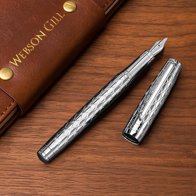 ‘The Mirror’ Silver Luxury Executive Fountain Pen, Woven Chrome Finish, Medium Nib, Smudge Free, No Bleed, Use Any Fountain Ink with Included Converter, Fits Cartridges (sold separately)