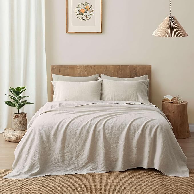 ATLINIA 100% Pure Flax Linen Bedding Set - Stone Washed French Linen Fabric Deep Pocket Fitted Sheet Farmhouse Flat Sheet 2 Pillowcases (Natural, California King)