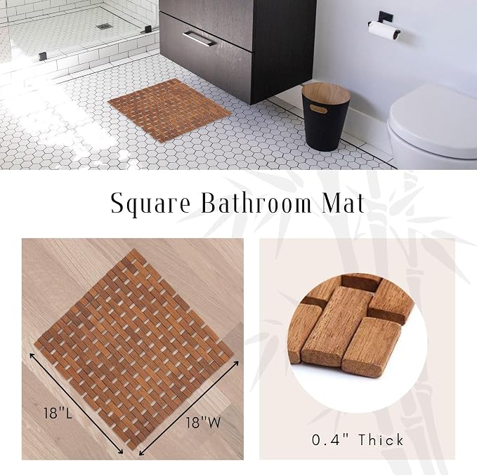 Square Natural Bamboo Bathroom Mat, Non Slip Bath Mat, Perfect for Shower | Spa and Sauna, Kitchen Mat, Outdoor Patio, Non-Slip Design, Foldable Convenience, Water-Resistant Material, Spa Room, Brown
