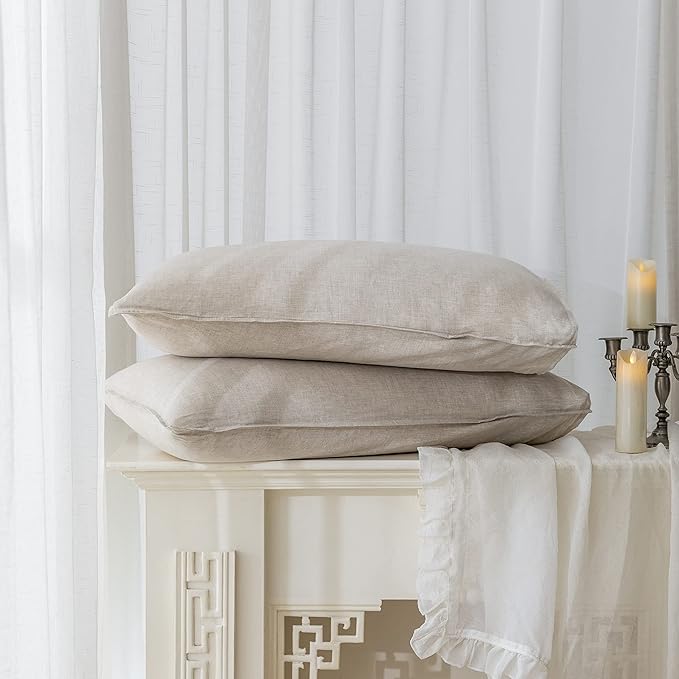 EVERLY Linen Sheets Set Queen Size, 100% French Stonewash Pure Linen, 4 Pieces (1 Flat Sheet, 1 Fitted Sheet, 2 Pillowcases), Deep Pocket Natural Bedding Set, Not Dyed, Suitable for Hot Sleepers