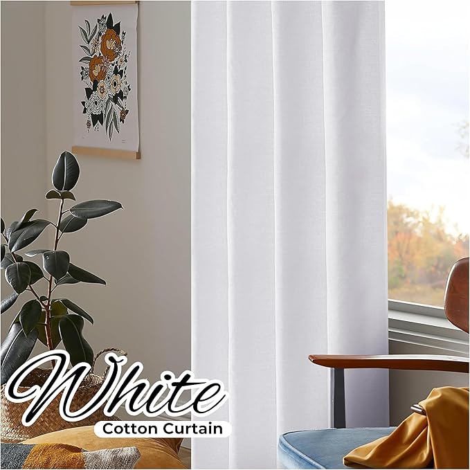 HOMIDATE White Cotton Curtains Set of 2, 50 x 108 Inch Long Cotton Drapes, Textured Slub Window Curtain Panels, Soft Lightweight Curtains for Bedroom, Living Room & Kitchen Home Décor