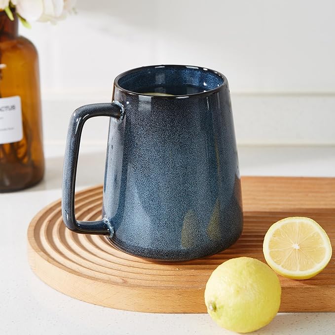 24 OZ Extra Large Ceramic Coffee Mug, with Spoon and Wooden Lid, Big Tea Cups with a Large Handle for Office and Home, Microwave and Dishwasher Safe (24 oz Blue Set)