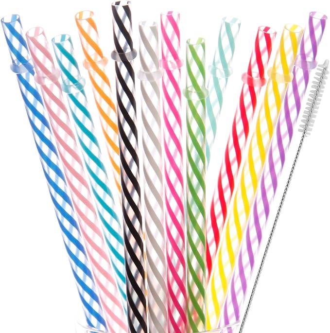 Dakoufish 12 Piece 12 Inch Reusable Plastic Thick Drinking Straws BPA Free Mason Jar Straws Transparent Small Stripe (12inch, Mix 12color)