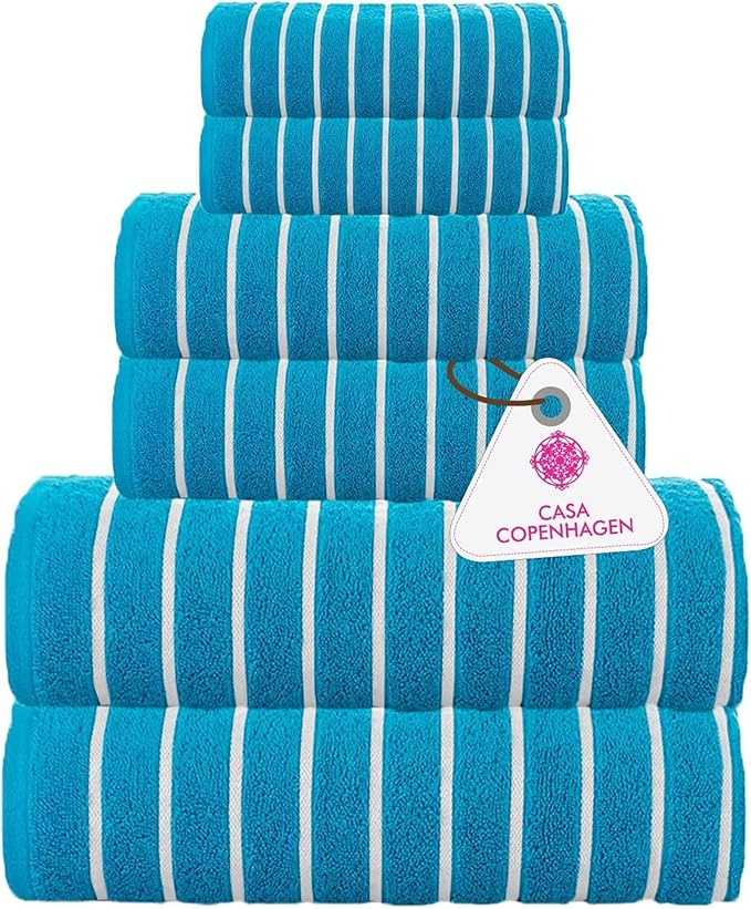 CASA COPENHAGEN Ecstatic 6Pcs 100% Egyptian Cotton Large Designer Towels Gift Set- Turquoise, 600GSM, 2Bath 2Hand 2Washcloths, Bath Towels for Bathroom Set for Women & Men