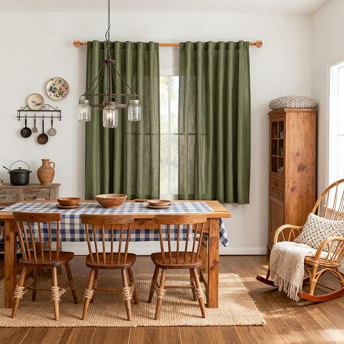 MYSKY HOME Short Semi Sheer Curtains for Bedroom 63 Inches Long Light Filtering Privacy Drapes for Small Window Linen Look Boho Home Decor Curtain for Parties, 50" x 63", Olive Green, 2 Pieces