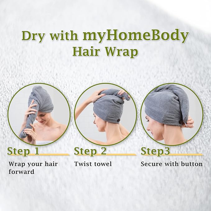 myHomeBody Hair Towel Wrap, Quick Drying Turban, Absorbent Cap – 3 Pack | Light Gray, Pink, White, Hair Turban Towel for wet hair, Ultra Soft Charcoal Fiber Cap, Towel Head Wrap for bathing