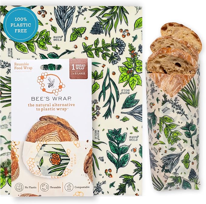 Bee's Wrap Beeswax Wraps for Bread - Beeswax Bread Wrap for Sourdough & Bread Storage - Made in USA Reusable Natural Food Wrap - Herb Garden Print