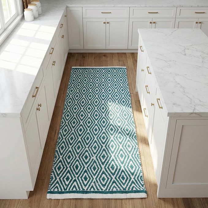 Chenille Cotton Diamond Runner Rug 2x5 Feet - Teal, Reversible Washable Soft Floor Runners Ideal for Kitchen, Hallway, Bedroom, Bathroom | Green Farmhouse Boho Indoor Use Rugs for Patio Décor