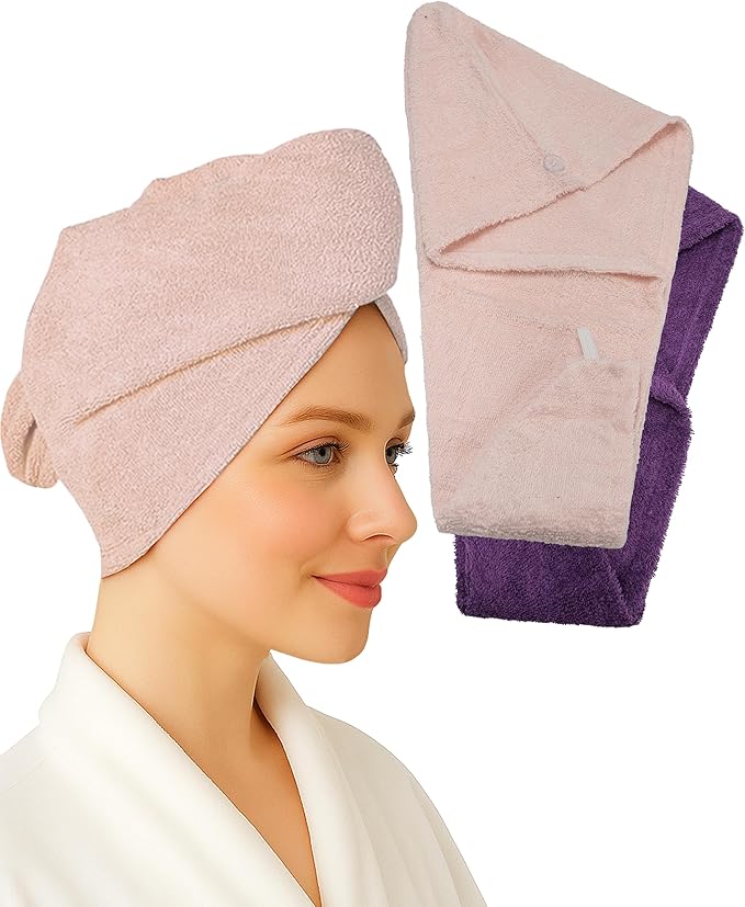 Textila 100% Cotton Hair Wrap Towels for Women (Pack of 2, Plum & Pink) – Soft & Absorbent Turban Towels for Long, Curly, Frizz-Prone Hair
