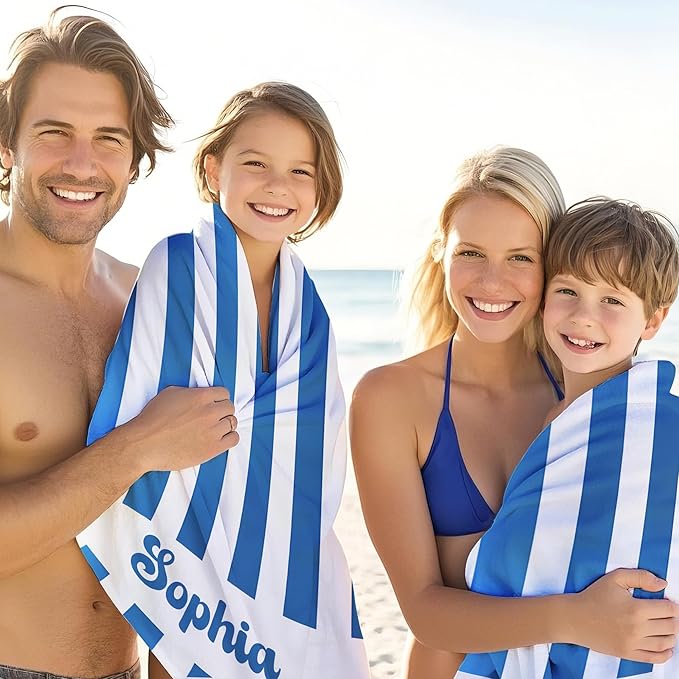 JML Personalized Beach Towel with Name, Custom Cabana Stripe Beach Towel, Customized Microfiber Pool Towel, Quick Dry & Absorbent Swim Towel for Adult,Mother's Day, Birthday, Summer Holiday,Vacation