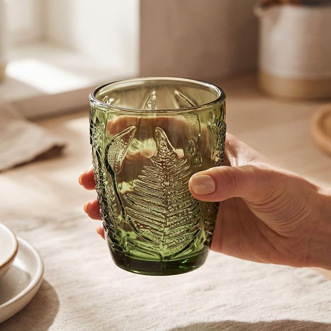 Green Drinking Glasses Set of 4, 10 oz Hand-Pressed Old Fashioned Glass Cups, Fern Textured Retro Lowball Tumblers, Vintage Glassware for Water, Whiskey, Wine, Cocktails & Juice, Housewarming Gift Set