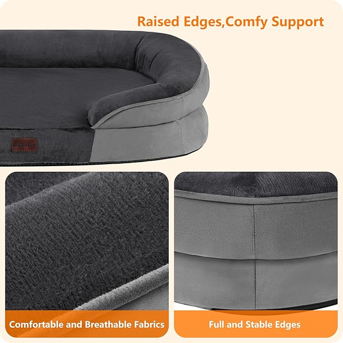 Dwanton Orthopedic Dog Bed for Large Dogs with Gel Memory Foam, Waterproof Dog Sofa, Washable Pet Bed with Four Sided Bolster Cushion, Removable Cover & Non-Slip Bottom, 38", Dark Grey