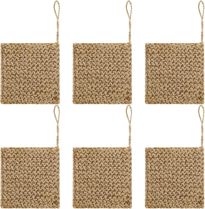 Sliner 6 Packs Natural Hemp Sponges for Dishes, 4x4 Inches, Biodegradable Scrubber for Dishwashing -Organic Reusable Sponges Hand Knitted, No Odor, Unbleached, Plastic Free, No Waste