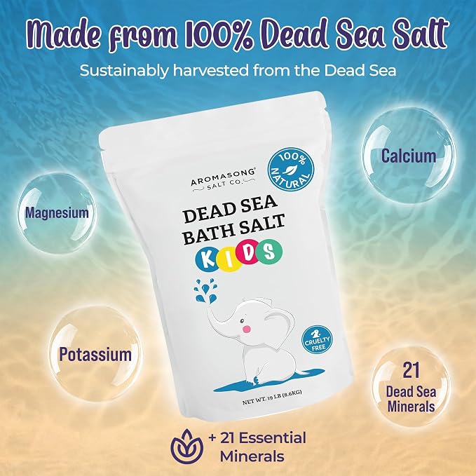 Aromasong Dead Sea Salt for Kids Bath Soak, 19 Lbs. Fine Grain Large Bulk resealable Pack, 100% Pure & Natural