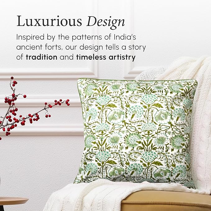 CPC 100% Cotton Throw Pillow Covers 18x18 Inch, Set of 2 Green Block Print Pattern Couch Pillow, Cute Boho Decorative Pillows for Living Room, Bedroom with Hidden Zipper- Agate Green