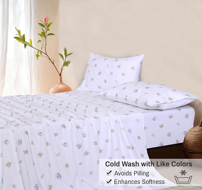RUVANTI Flannel Sheets King Size - GOTS Certified 100% Organic Cotton, 4 Piece Warm, Soft & Breathable Set, Deep Pocket Snug Fit, Double Brushed Cozy All Season Bedding, Floral