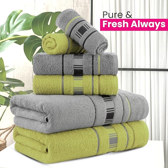CASA COPENHAGEN X Line 6Pcs 100% Egyptian Cotton Large Designer Towels Gift Set- Grey - Green, 600 GSM, 2Bath 2Hand 2Washcloths, Bath Towels for Bathroom Set for Women & Men