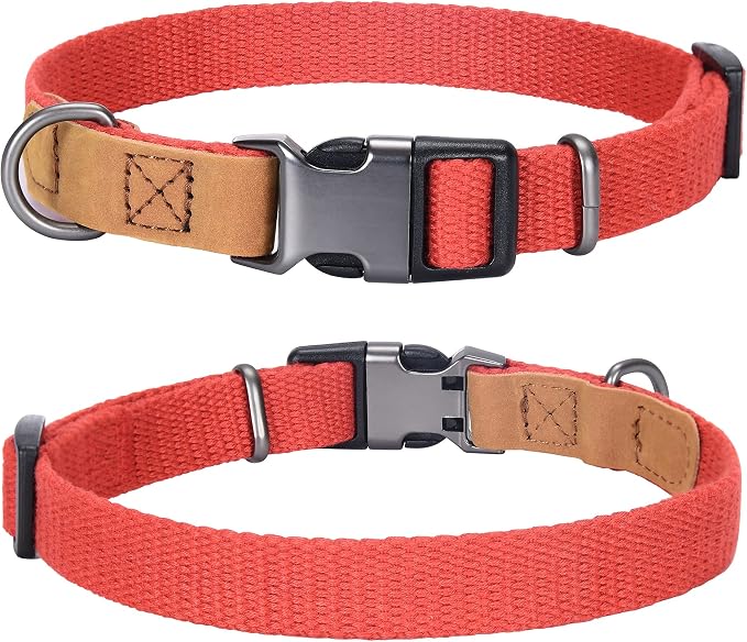 Mile High Life Genuine Leather Dog Collar, Soft Cotton Pet Collars with Heavy Metal Buckle for Small Large Dogs (Red, M Neck 15"-18")